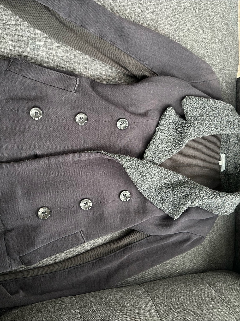 James Perse Black Double-Breasted Pea Coat with Sherpa Collar